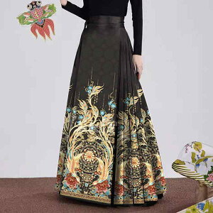 スカート レディース 漢服 馬面 プリーツ ロング丈 ボリュームフレア 鳳凰柄 ポリエステル 黒 配色デザイン 春夏 普段使い お出かけ シワになりにくい