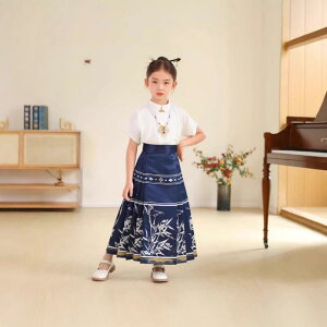 子供服 女の子 漢服 セットアップ 新中華風 明制 馬面スカート プリーツスカート 古典柄 時代劇衣装 オールシーズン ポリエステル ダークブルー 青系 竹葉柄 発表会 イベント衣装 記念撮影