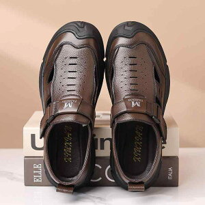 サンダル メンズ スポーツサンダル 牛革 メッシュ 通気性 ウォーターシューズ ビーチシューズ 渓流シューズ つま先保護 厚底デザイン 防滑 ベルクロ留め カジュアル アウトドア 夏用 ブラッ