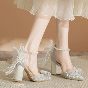 パンプス レディース ウェディングシューズ 結婚式 ブライダル 花嫁 二次会 パーティー 成人式 フォーマル 2WAY 太ヒール チャンキーヒール 疲れにくい 歩きやすい ポインテッドトゥ シルバ