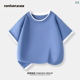 唐 石 男の子 半袖 Tシャツ 2025 子供 夏 薄手 コットン ビッグ 子供 フェイクツーピース トップ 男の子 夏