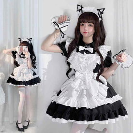 ワンピース レディース ゴシック ロリータ ドレス メイド服 アニメ コスプレ 仮装 宮廷風 プリンセス ハロウィン イベント 衣装 ポリエステル 黒 白 モノクロ ワインレッド かわいい 清楚系