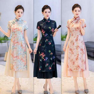 ワンピース レディース 上海レトロ エスニック ロング丈 アオザイ風 チャイナドレス ゆったり おしゃれ 普段使い ストレッチ ハーフスリーブ スタンドカラー 斜めボタン 上品 ポリエステル