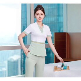 制服 レディース エステ サロン 美容師 美容院 SPA ユニフォーム ワークウェア 上品 エレガント 快適 カジュアルスタイル パンツスーツ セットアップ ポリエステル スパンデックス 配色デザイン