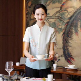 飲食店制服 レディース 高級感 ホテル レストラン 美容室 エステサロン 接客業 ユニフォーム 半袖 中華風 夏用 ポリエステル 防汚 Vネック 青黛色 牡丹柄