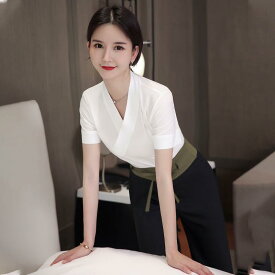 ユニフォーム レディース 女性用 足浴セラピスト エステ マッサージ フットケア 美容サロン 施術 制服 中華風 チャイナ風 セットアップ 上下セット 五分袖 五分丈パンツ ストレッチ 伸縮性 ポリエステル