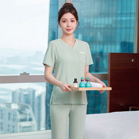 ユニフォーム レディース 高級感 美容院 エステサロン スパ マッサージ 施術服 半袖 上下セット 作業服 制服 ポリエステル 形態安定 しわになりにくい 上品 エレガント 青 緑 ブルー系 グリーン系