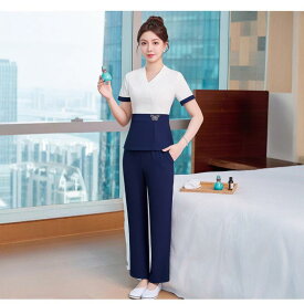 セットアップ レディース 半袖 エステ スパ 足つぼ サロン 美容室 美容師 制服 ポリエステル スパンデックス 快適 カジュアル 配色デザイン