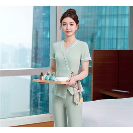 ユニフォーム レディース SPA エステティシャン 美容院 養生館 受付 制服 産後ケア師 上質 高級感 快適 カジュアル ポリエステル スパンデックス バイカラー ピンク グリーン ブルー セットアップ トップス パンツ スカート 上下セット 秋