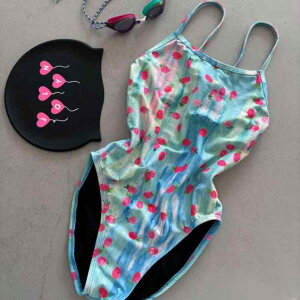 水着 レディース かわいい イチゴ柄 フェミニン セクシー ガーリー ワンピース ブルー ナイロン スパンデックス 速乾 競泳用 スポーツ 水泳 ハイウエスト バックシャン カップ付き ノンワイ