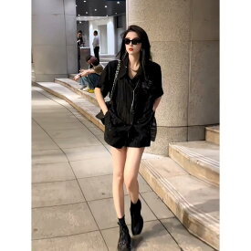 セットアップ レディース 風 カジュアル ファッション 春夏 上品 リラックス トップス ショートパンツ 2点セット ブラック