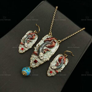 アクセサリー ネックレス イヤリング 男女兼用 立体彫刻 金魚 錦鯉 エナメル 七宝焼き ヴィンテージ レトロ アンティーク 動物モチーフ 中国風 アジアンテイスト 合金製 琉璃 ボールチェー