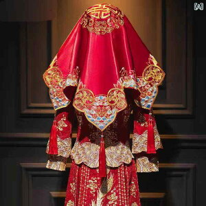 ウェディングベール 花嫁 新婦 レッド 赤 中国風 中華風 結婚式 婚礼 ブライダル 秀禾服 伝統衣装 ドレス 刺繍 サテン生地 アンティーク調 クラシック レトロ ヘッドベール 挙式用