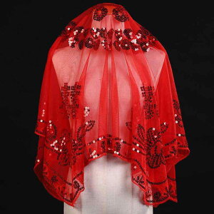 ベール 花嫁用 赤色 ウェディングヘッドベール 大判 チュール素材 スパンコール装飾 縁起柄 約100cm 結婚式 披露宴 婚礼アイテム 華やか エレガント