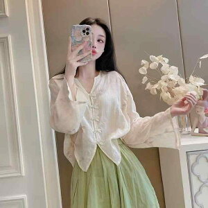 シャツ レディース 新チャイナ風 和風 手作り チャイナボタン 豪華刺繍 ショート丈 綿100% Vネック 長袖 ベルスリーブ ゆったり ルーズフィット 軽量 薄手 UV対策 アイボリー ベージュ 通勤 オ