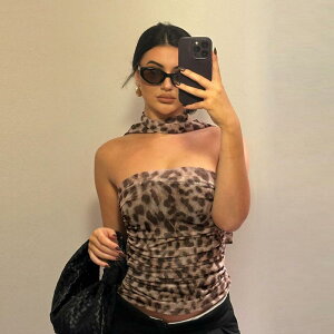 タンクトップ レディース ヒョウ柄 ラップデザイン セクシー スリムフィット ノースリーブ チューブトップ ベアトップ 背中見せ クロップド丈 カーキ アニマル柄 ストリートファッション