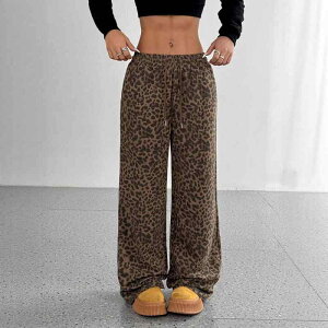 カジュアルパンツ レディース ヒョウ柄 プリント ワイドパンツ ロング丈 ストレート 薄手 ポリエステル ボトムス ゆったり リラックス ミドルウエスト ストリートカジュアル 普段使い 着回