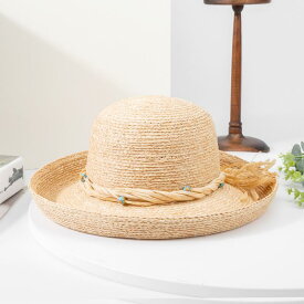 麦わら帽子 レディース ラフィア ハンドメイド つば広 UVカット 紫外線対策 日よけ 通気性 海辺 ビーチハット 個性的 インフルエンサー