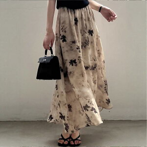 スカート レディース 新チャイナ風 水墨画柄 Aライン ロングスカート 小花柄 ハイウエスト シフォン 透け感 軽やか 光沢感 ドレープ感 大人上品 エレガント 低身長向け 高見え 普段使い デー