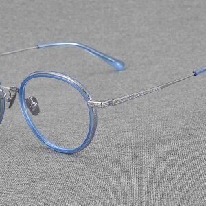 眼鏡 男女兼用 純チタン 軽量 高度数対応 レトロ クラシック ラウンドフレーム フルリム 一山鼻パッド 度付き近視メガネ ブルー ヒョウ柄 ブラックゴールド グレー