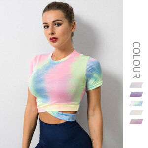 Tシャツ レディース タイダイ柄 速乾 吸湿速乾 ヨガウェア フィットネス トレーニング ランニング スポーツウェア クロップド丈 半袖 ポリエステル 軽量