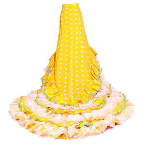 ダンスウェア レディース フラメンコ ロングテールスカート 舞台衣装 発表会衣装 パフォーマンス ステージ衣装 練習着 ポリエステル混紡 イエロー ホワイト ドット柄 フレア ロング丈