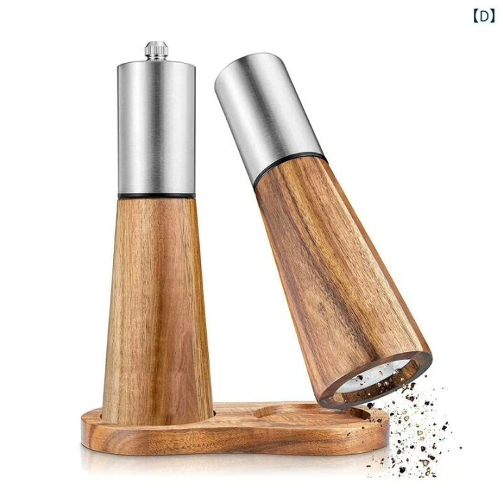 キッチン用品 手動式 アカシア木製 胡椒ミル ソルトミル セラミック刃 花椒 粗塩 スパイスグラインダー 調味料入れ 卓上 モダン おしゃれ セット(x2)