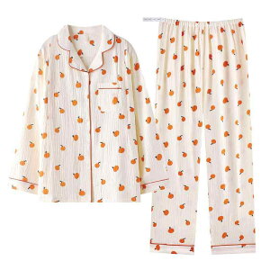 パジャマ レディース マタニティ 産後 授乳服 綿100% ガーゼ 薄手 上下セット 前開き 長袖 長ズボン 吸汗性 吸湿速乾 春 夏 秋 シンプル カジュアル リラックスウェア オレンジ