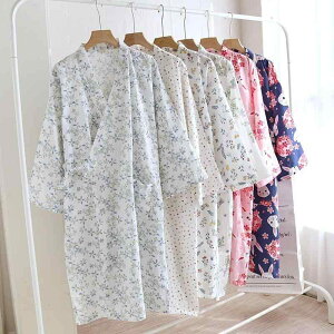 和服 レディース 女性用 二重ガーゼ 綿 吸水性 速乾 ルームウェア 寝間着 パジャマ 夏 薄手 軽量 紐ベルト ウエスト紐 中長丈 バスローブ 浴衣 汗蒸服 かわいい ゆったり リラックスウェア 部