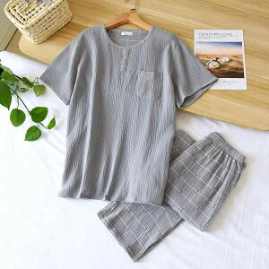 パジャマ メンズ 夏用 ルームウェア 部屋着 綿100% ダブルガーゼ ウォッシュ加工 凹凸感 薄手 丸首 クルーネック チェック柄 ロングパンツ 上下セット シンプル グレー系 ネイビー系