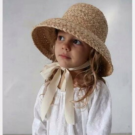 麦わら帽子 キッズ 女の子 ベビー ラフィアハット フレンチガーリー かわいい UVカット 日よけ 紫外線対策 つば広 あご紐付き リボン ブラック ベージュ 夏 サマーハット お出かけ