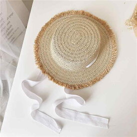 ハット キッズ 女の子 ラフィアハット ストローハット 平つば フラットブリム つば広 UVカット 日よけ 紫外線対策 フレンチスタイル サマーハット ビーチハット リゾートハット アウトドア バケットハット