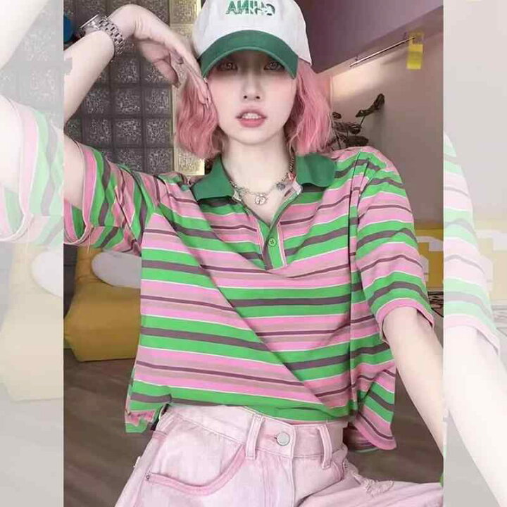 楽天市場】ポロシャツ レディース 半袖 Tシャツ ポロ襟 緑 ボーダー 