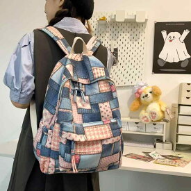 リュックサック ユニセックス 男女兼用 学生 高校生 中学生 通学用 スクール デニム 帆布 キャンバス生地 大容量 15インチPC収納 負担軽減 軽量 レトロ ヴィンテージ 個性的 カジュアル ブルー ピンク ブラック ブラウン