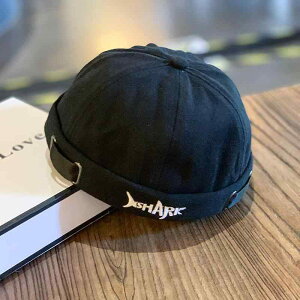 帽子 男女兼用 サメ刺繍 ドッカーキャップ ロールキャップ つばなし 丸型 綿麻素材 コットン リネン サイズ調整可能 日よけ 春秋 ヒップホップ 和風 レトロ ヴィンテージ ブラック グレー カ