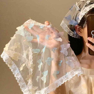 三角巾 ヘッドスカーフ レディース 女の子 キッズ 大人用 夏 薄手 花柄 レース かわいい ガーリー スイート 透かしレース リボン 蝶々柄 カジュアルスタイル ナチュラル 結び目タイプ