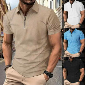 ポロシャツ メンズ カジュアル 半袖 ジップアップ 襟付き ストライプ Tシャツ 通気性 吸汗速乾 ポリエステル混紡 レギュラーフィット おしゃれ