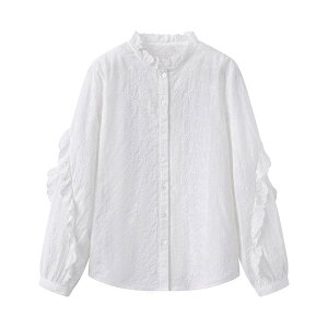 シャツ レディース フレンチシック スタンドカラー フリル袖 長袖 刺繍 ゆったり ブラウス 綿 ポリエステル 混紡 ミドル丈 通勤 オフィス カジュアル アイボリー トップス