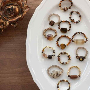 指輪 レディース 天然石 リング 瑪瑙 アゲート タイガーアイ 虎眼石 ウッドビーズ オリジナル ハンドメイド ビーズリング わびさび風 レトロ ヴィンテージ エスニック デイリー 普段使い カ