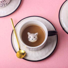 コーヒーカップ ペア 陶器製 ソーサー スプーン付き 猫柄 かわいい キュート おしゃれ ユニーク 個性的 カップル 珈琲カップ オフィス 自宅 カフェ 普段使い