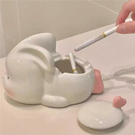 灰皿 かわいい うさぎ型 セラミック製 蓋付き おしゃれな卓上置物 高級感あふれるインテリア雑貨 家庭用 リビング オフィス 灰飛び防止 飛散防止 シンプル モダン 陶器製 ピンク シルバー