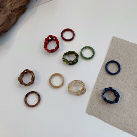 リング レディース 2点セット 樹脂製 レトロ ヴィンテージ風 チェーンモチーフ シンプル ミニマル 韓国ファッション アンバーカラー べっ甲柄 個性派 大人カジュアル アクセント ファッションリング 普段使い