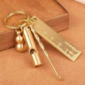キーホルダー 真鍮製 多機能 ミニ定規 ホイッスル そろばん 耳かき 瓢箪 バッグチャーム カーチャーム 縁起物