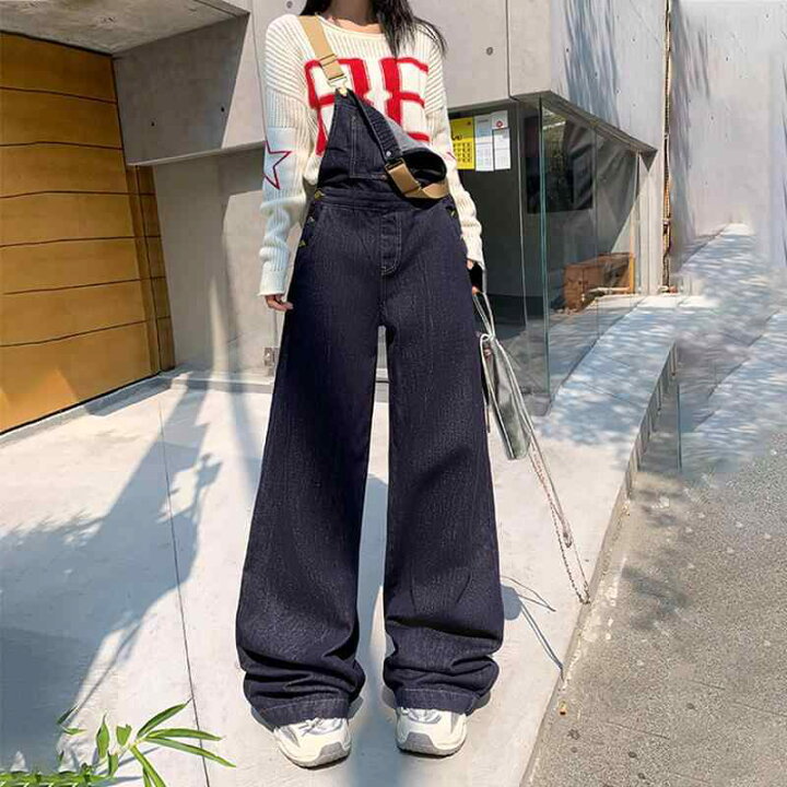 楽天市場】サロペット レディース ダークブルー デニム ハイウエスト 