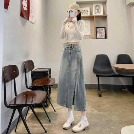 スカート レディース ハイウエスト デニム ロングスカート スリット 細見え 新チャイナスタイル リボンデザイン 綿素材 微ストレッチ シワになりにくい 通勤 オフィス カジュアル エレガント 上品 ミディ丈 タイトシルエット レトロカラー 無地