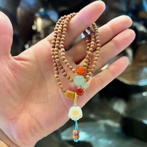 ブレスレット ユニセックス 男女兼用 芭比檀 老山白檀 瑪瑙 東陵玉 菩提 天然石 パワーストーン 炭焼き 猫モチーフ 三連 数珠 和風 レトロモダン 普段使い カジュアル