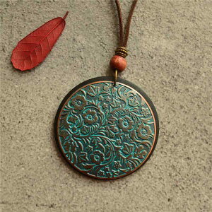 ネックレス レディース レトロ エスニック 民族調 大ぶり フラワーモチーフ 木製 合金製 ロング セーターネックレス アンティークグリーン 普段使い