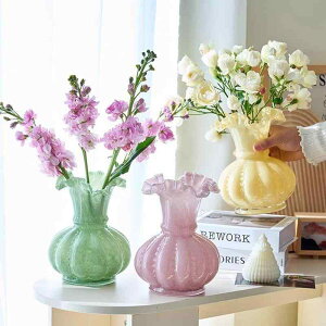 花瓶 ヴィンテージ風 ガラス製 ハンドメイド 南瓜型 フラワーベース リビング ダイニング 置き物 生け花用 切り花 クリエイティブ 高級感 モダン シンプル オブジェ インテリア装飾 ピンク