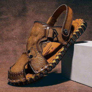 サンダル メンズ 2WAY かかと付き つま先保護 軽量 ソフトソール 合皮 ラバー 手縫い 夏 ビーチ アウトドア 運転用 普段使い 防滑 通気性 親世代向け ブラック ベージュ ブラウン