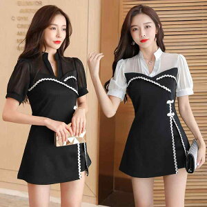 チャイナドレス レディース セットアップ 施術着 マッサージ エステ サロン リラクゼーション 改良型 ミニスカート セクシー エレガント 上品 ポリエステル ナイロン 吸湿速乾 白 黒